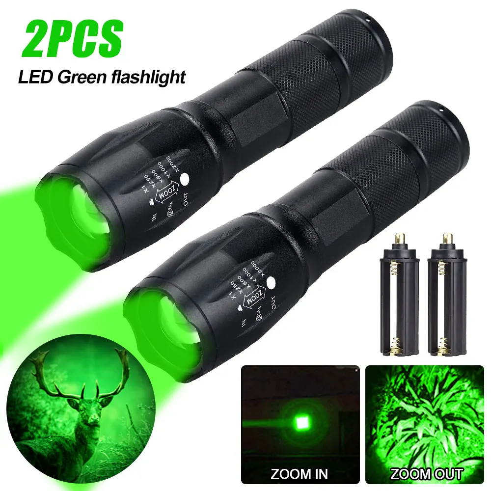 Tactical Hunting Flashlight Green/Red Light Zoomable LED Torch USB Rechargeable 5 Modes Lamp for Outdoor Camping Hiking