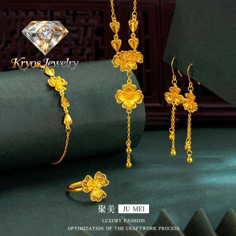 Kryos Jewelry Luxury 24K 9999 Pure Gold real gold Gold Store Same Petal Tassel Lilac Set Chain Bracelet Women's Engagement Ring