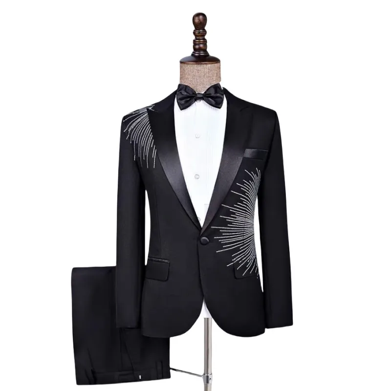 

Adult Slim Fit Sequins Blazer Pants 2 Piece Set Men's Black Formal Suits for Singer Chorus Host Evening Party Banquet Groomsman