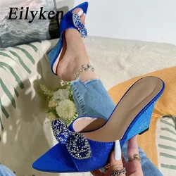 Eilyken CRYSTAL Butterfly Knot Wedges Heels Slippers Sandals Women Pointed toe Mules Lady Slides Zapatillas De Mujer