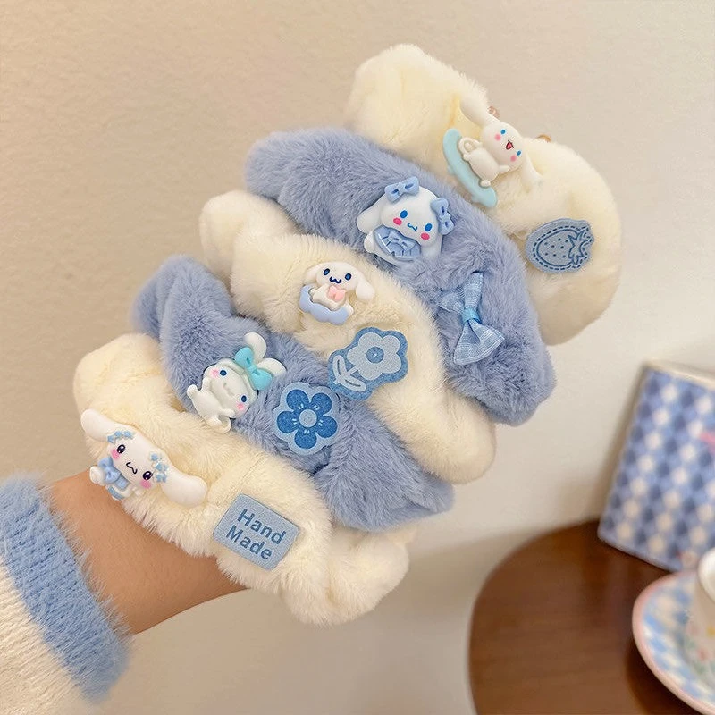 

5Pcs/Set Cute Cinnamoroll Plush Elastic Hair Ties Cartoon Big Ear Dog Hair Bands for Women Hair Accessories Holiday Gifts