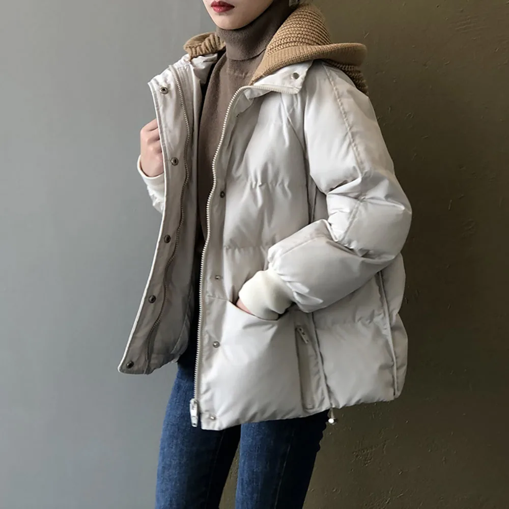 

New Solid Short Winter Cotton Coat Fashion Simple Wild Long Sleeve Hooded Outerwear Loose Casual Winter Warm Coat