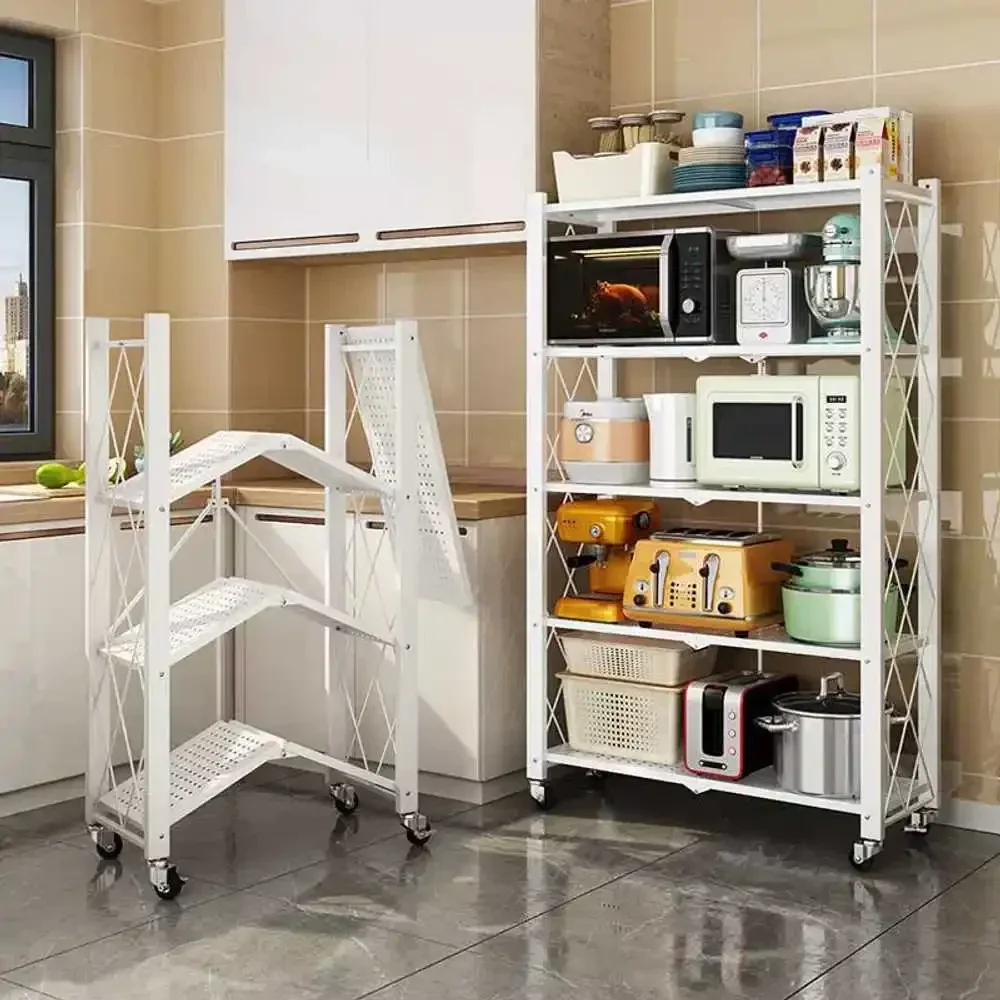 Multilayer Bookshelf Movable Kitchen Storage Racks Three-Stage Living Room Bookcase  Foldable Large Iron Frame Storage Cabinet