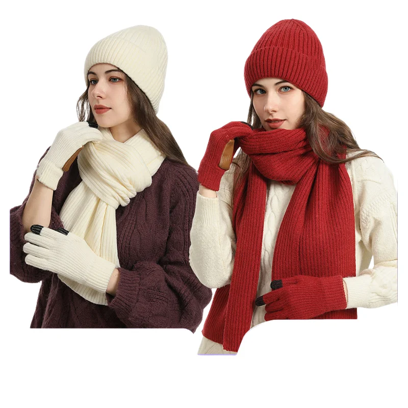 3pcs Winter Beanie Hat Gloves Snood Scarf Set Skull Caps Thickened Neck Cashmere Scarves Cap Set For Men Women Outdoor