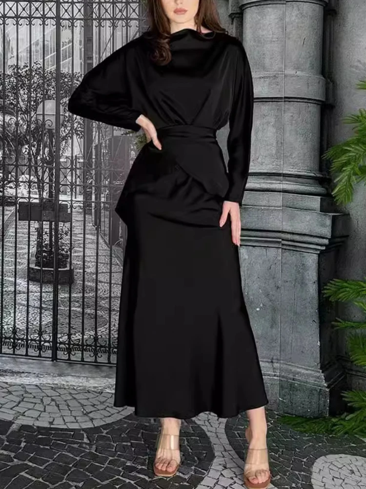 Elegant High Waist Satin Skirt Outfit Casual O-neck Criss-Cross Long Sleeve Top & Long Skirt Suit Fashion Lace-up Draped Suits