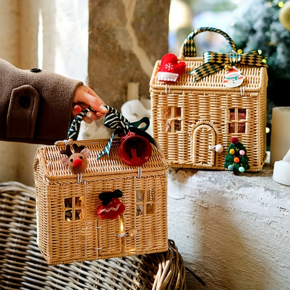 Small Rattan House Shaped Basket Garden Harvest Wicker Shelf Organizer with Lid Decorative Hand Woven Doll House Picnic Basket view 4
