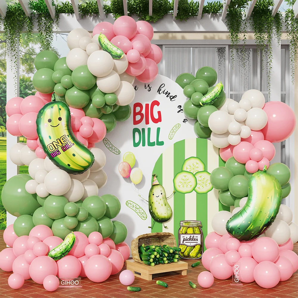

107Pcs Pickle Balloons Wreath Arch Kit Cucumber Foil Balloon Funny One Big Dill Birthday Tropical Fruit Summer Party Decorations