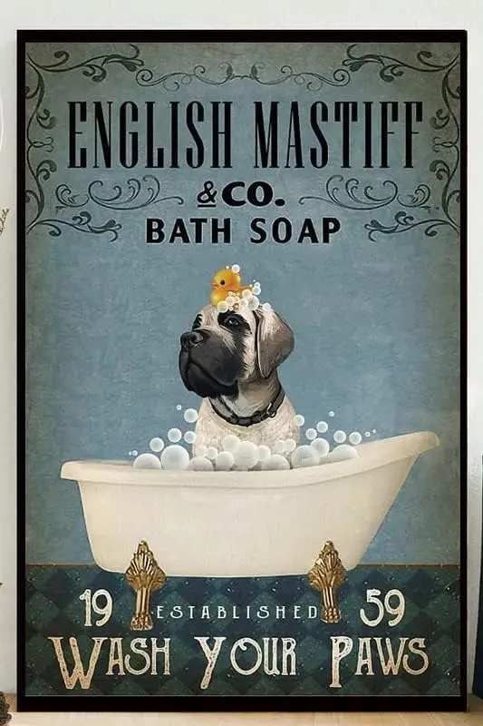 Nostalgic Vintage Metal Wall Décor 8 X 12 Inches English Mastiff Bath Soap Wash Your Paws Home Art Wall Decor Plaque Farm Bathro