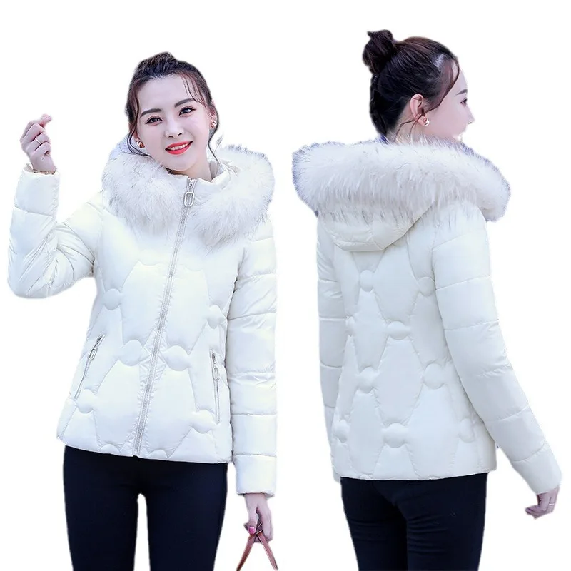 Cotton Jacket Women's 2024 New Slim Fur Collar Detachable Hat Short Thick Parkas