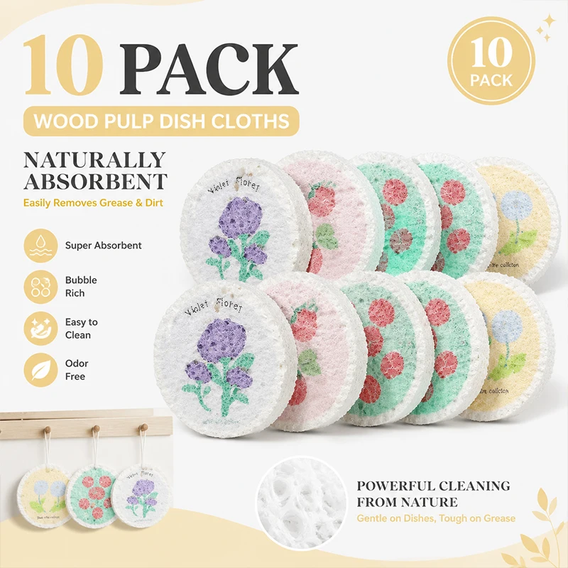 Wood Pulp Cotton Kitchen Sponge Cloth Highly Absorbent Non-Stick Oil Compressed Dishwashing Scrubber Cleaning Wipe