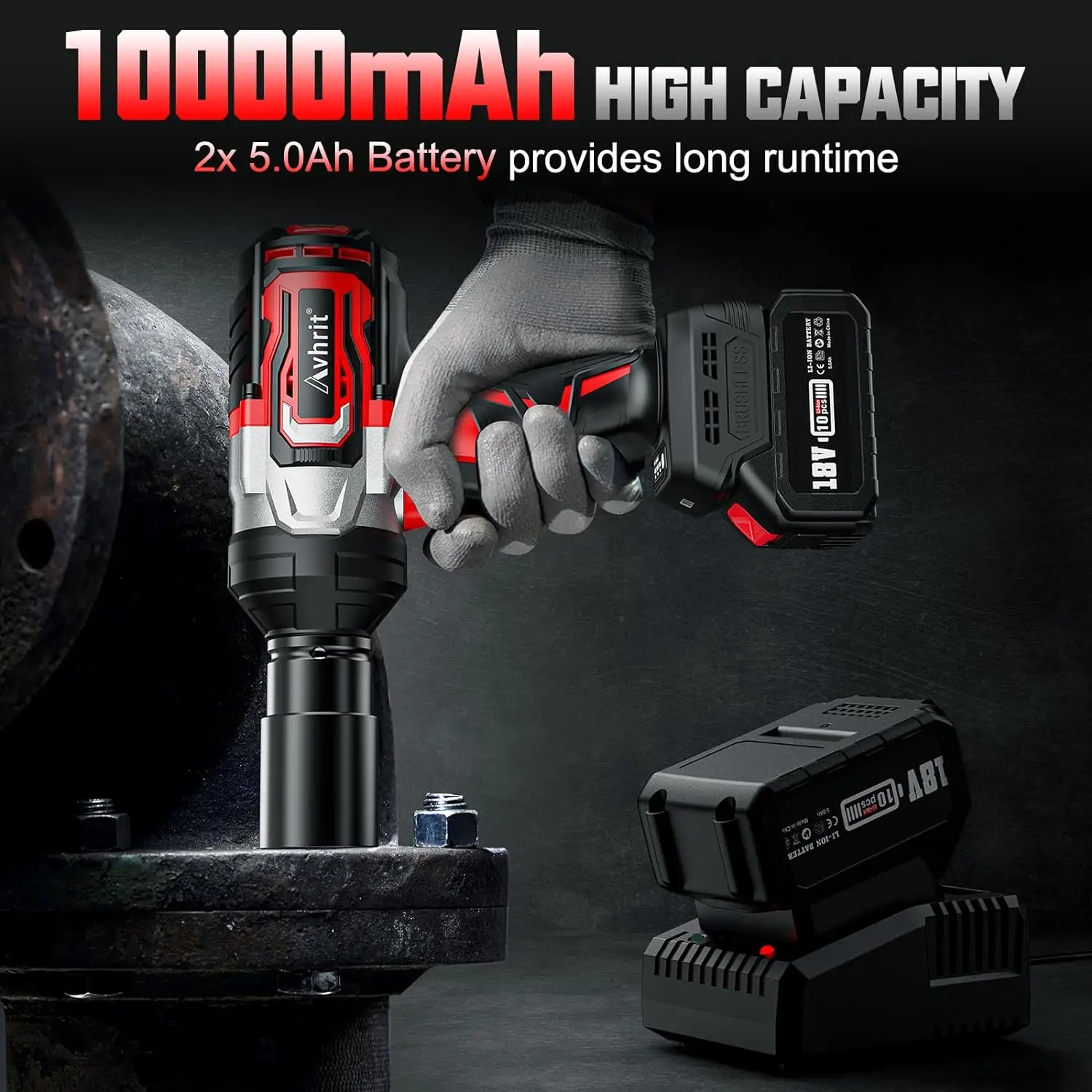 AVHRIT 1000N.M Torque Brushless Electric Impact Wrench 1/2 inch 5.0Ah Battery Cordless Wrench Power Tools With Fast Charger