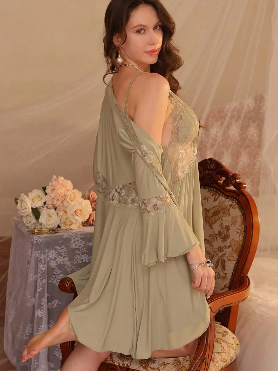 

2pcs Women Padded Slip Dress With Lace Trim Loose Semi-Sheer Camisole And Long Sleeve Robe Set
