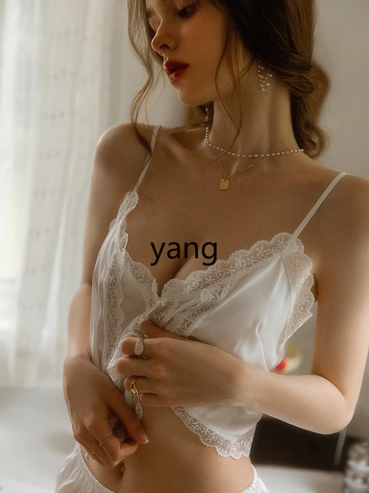 Yjq pajamas women's summer ice silk French suit, high-end small chest sling two-piece set