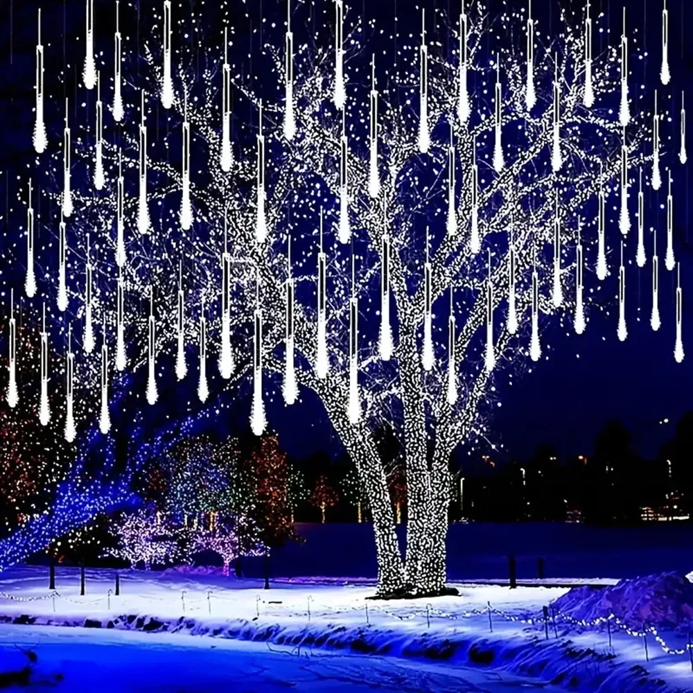 Luzes de chuva de meteoros com plugue, queda de chuva, pingentes de árvores de Natal, varanda do Dia das Bruxas, decoração do pátio, UE, EUA, 8 tubos, 30 cm, 50cm