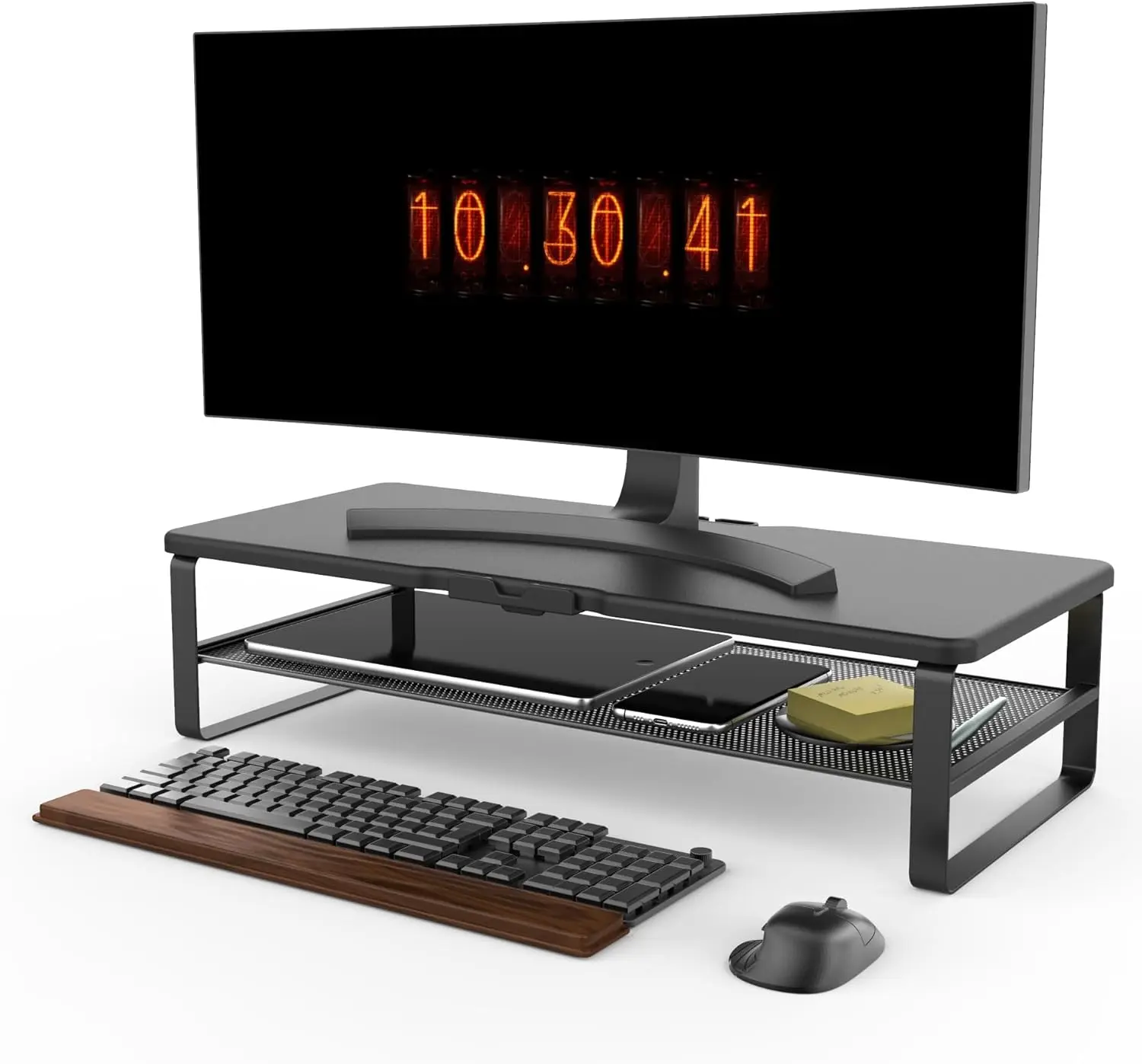2-Tier Monitor Stand with Drawer, Phone Holder & Cable Management - Desk Organizer for Home Office