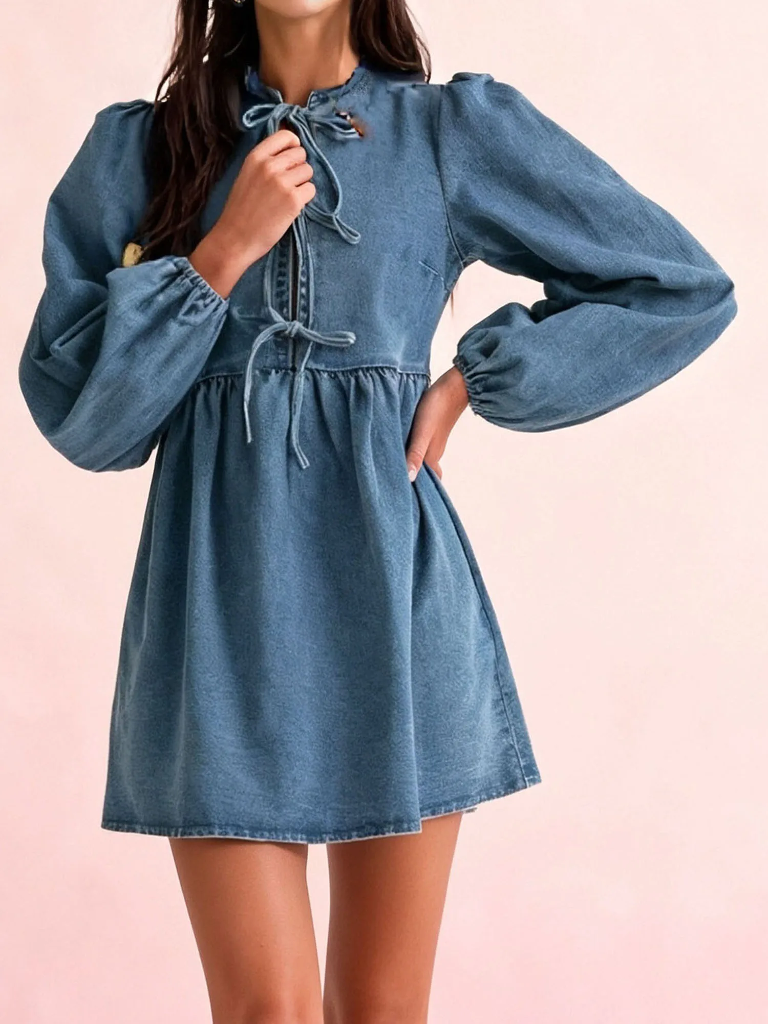 Robe en jean à manches longues pour femmes, avec nœud papillon sur le devant, col rond et Silhouette trapèze, élégante, couleur unie, coupe ample, Mini robe