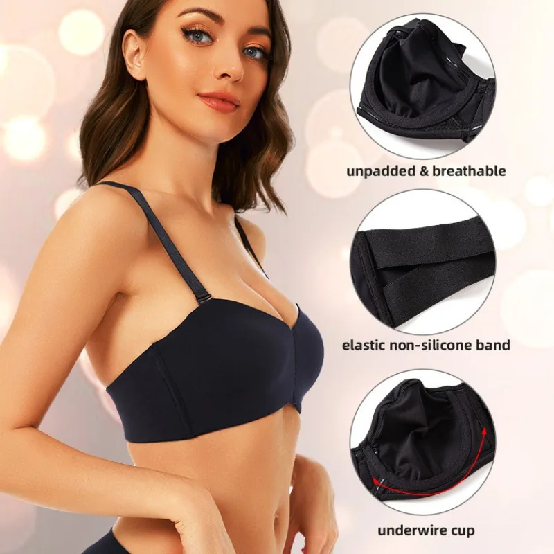 2 pieces Plus Size Bra Underwire Convertible Smooth Unpadded Strapless Bra Full Support Non-Slip Convertible Bandeau Seamless