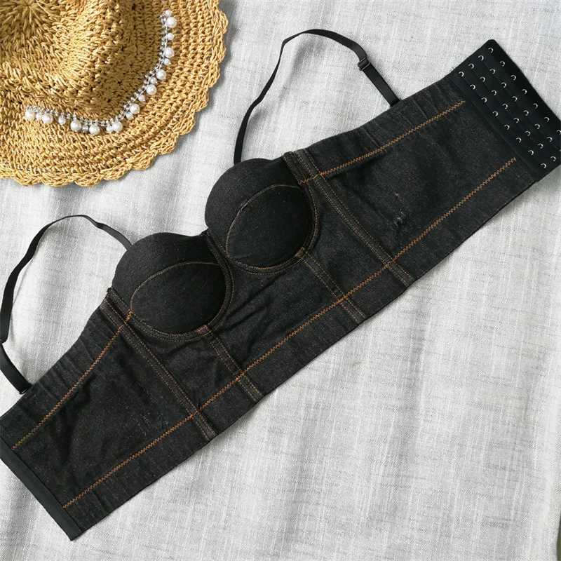 Women Denim Corset Bras Sexy Sleeveless Crop Tops Summer Slim Padded Bra Short Camisole Slight Elastic Tube Tops Lady Underwear