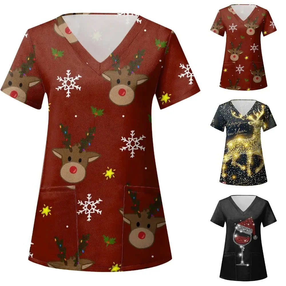 Ladies Care Workers Nurse T-Shirt Scrub Uniform Casual Christmas Caring Short Sleeve Pocket Loose Workwear Spa Nursing Lab Tops