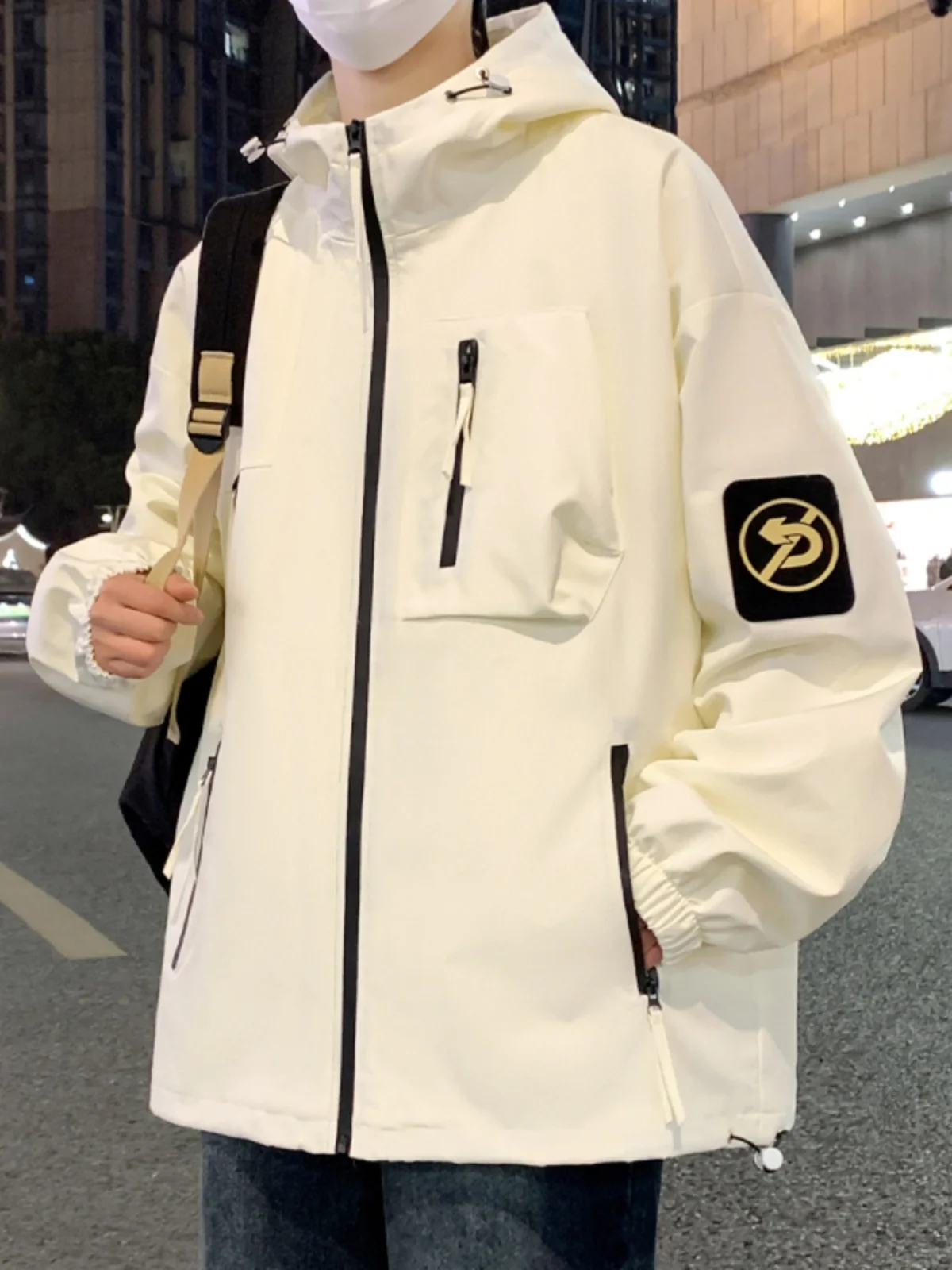 

Loose Men's Workwear Jaet Autumn New Sle Windproof Hooded Coat Youth Faion Polyester Fiber Long Sve Zipper Closure