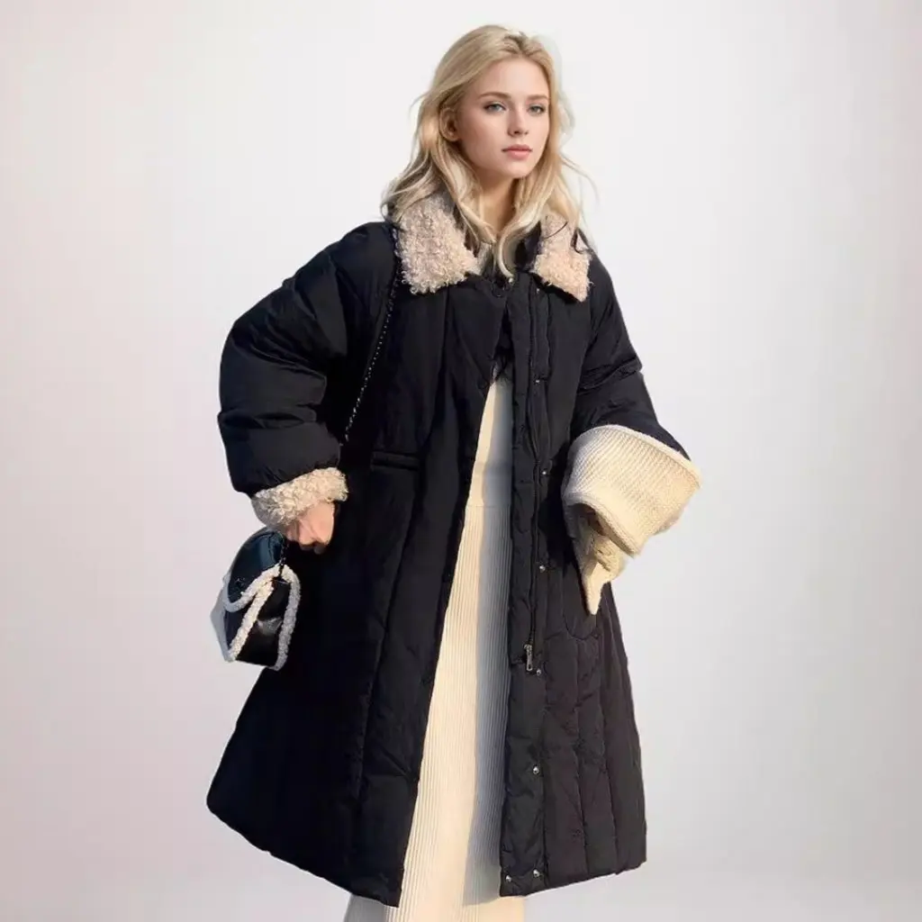 Giacca lunga imbottita in cotone da donna Nuovo cappotto in vita sopra il ginocchio con capispalla invernale con cuciture in lana di agnello