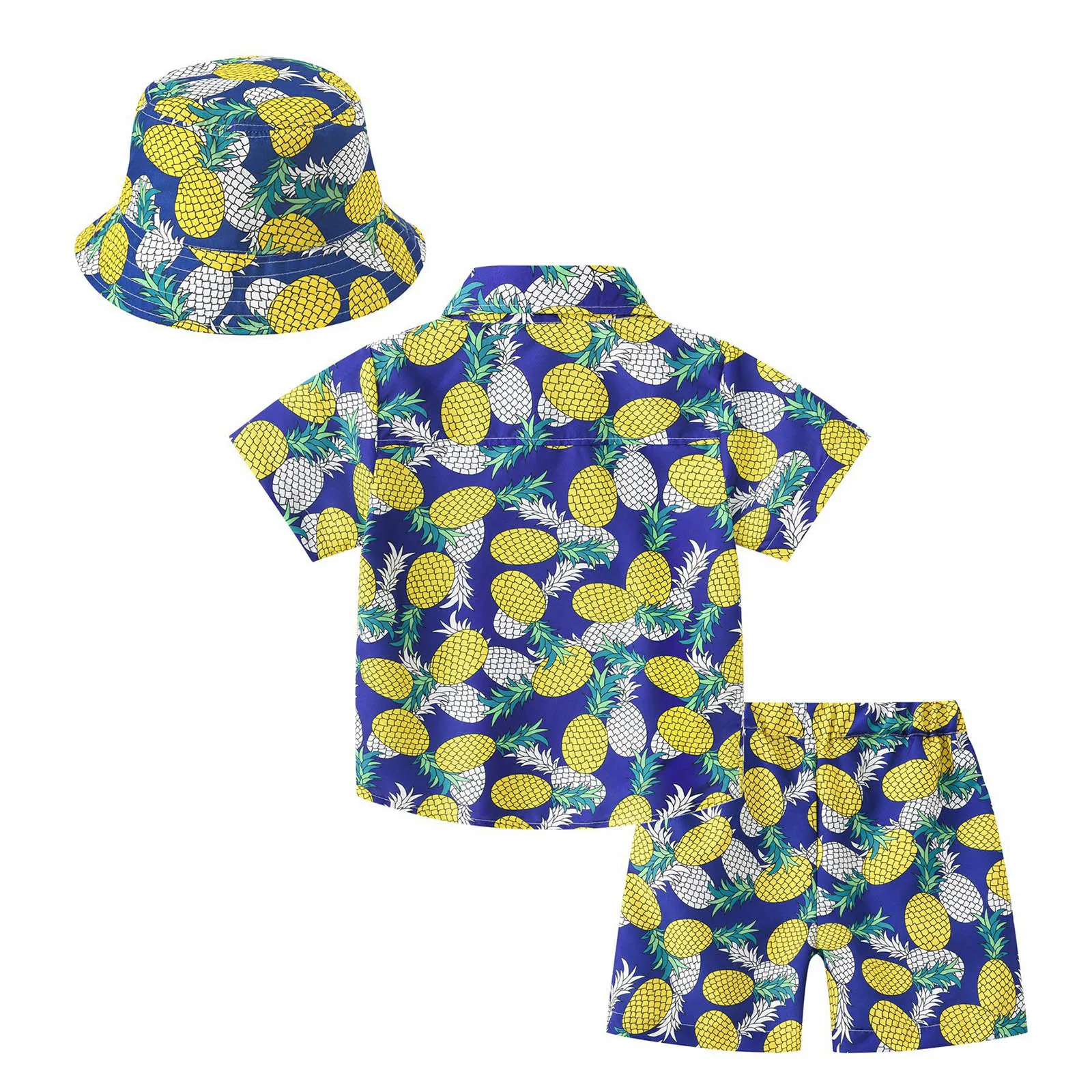 3Pcs Kids Boys Casual Hawaiian Swimsuits Outfits Short Sleeve Shirt and Shorts with Bucket Hat Set Summer Tropical Beach Wear