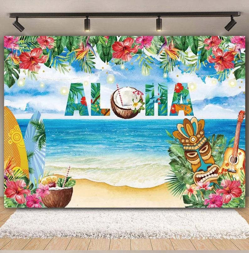 Summer Hawaii Tropical Beach Backdrop for Photography Seaside Luau Aloha Flower Palm Tree Flamingo Birthday Photozone Background