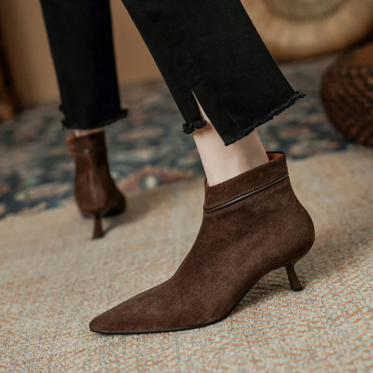 Elegant Vintage Red Suede Women Ankle Boots Pointed Toe Brown Short Autumn Botas Side Zipper Thin High Heels Party Pumps Zapatos