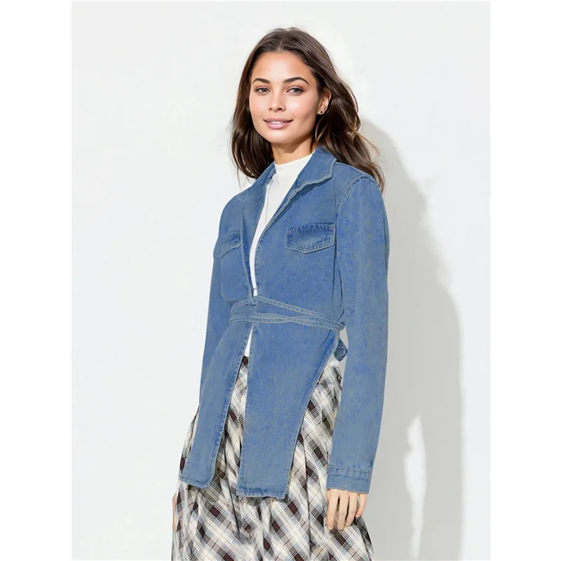 【OFF-SHELF】Female's Fashion Lace Up Denim Jacket Long Sleeve Open Front Vintage Short Jean Coat Casual Streetwear