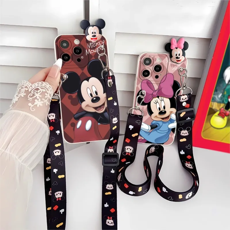 Capa Protetora Disney Mickey Minnie com Cordão para Samsung Galaxy S10 S20 S21 Plus Lite J2 Prime J4 PLUS J5 NOTE10 NOTE20