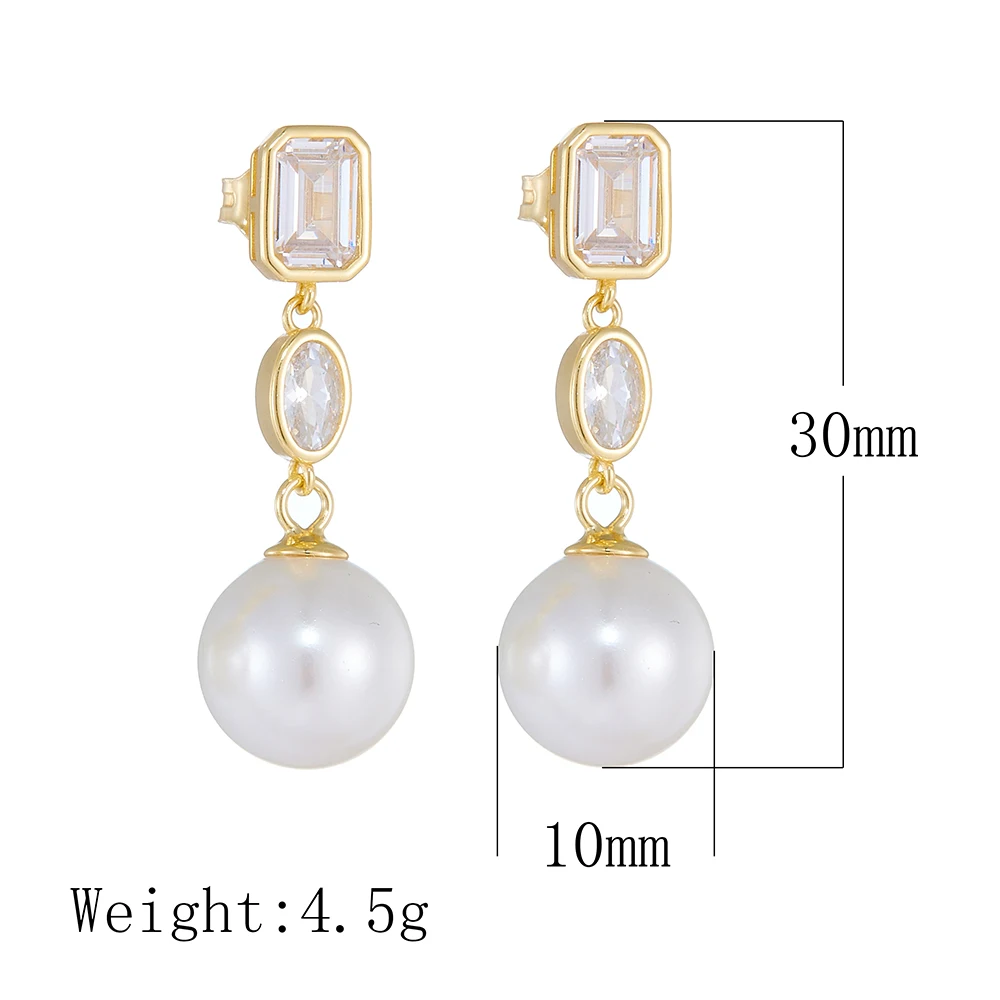 925 Sterling Silver Rectangle Oval CZ 10mm Shell Pearl Drop Earrings Dainty Bridal Daily Party Elegant Jewelry Gift For Women