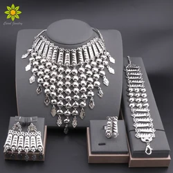 New Tassels Silver Plated Necklace Earrings Bracelet Ring Set for Women Bridal Chains Ethinc Wedding Jewelry Bride Gifts