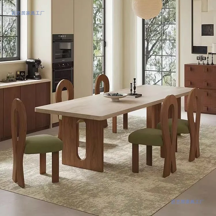 French bottom hanging travertine rock slab dining table, antique designer original household rock slab solid wood dining table,