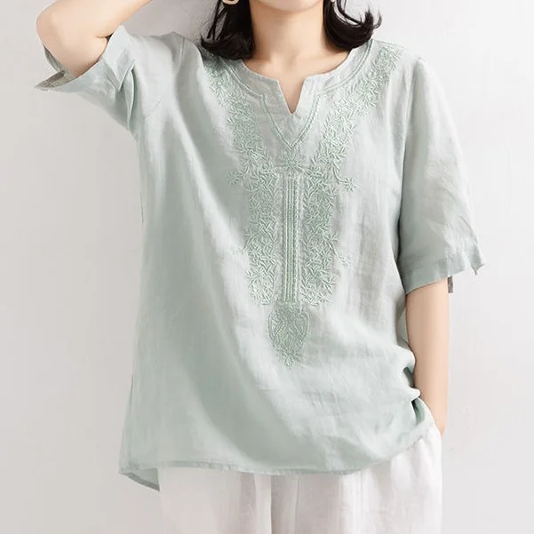 Women Artsy Spring Pure Color O-Neck Cotton Blouse