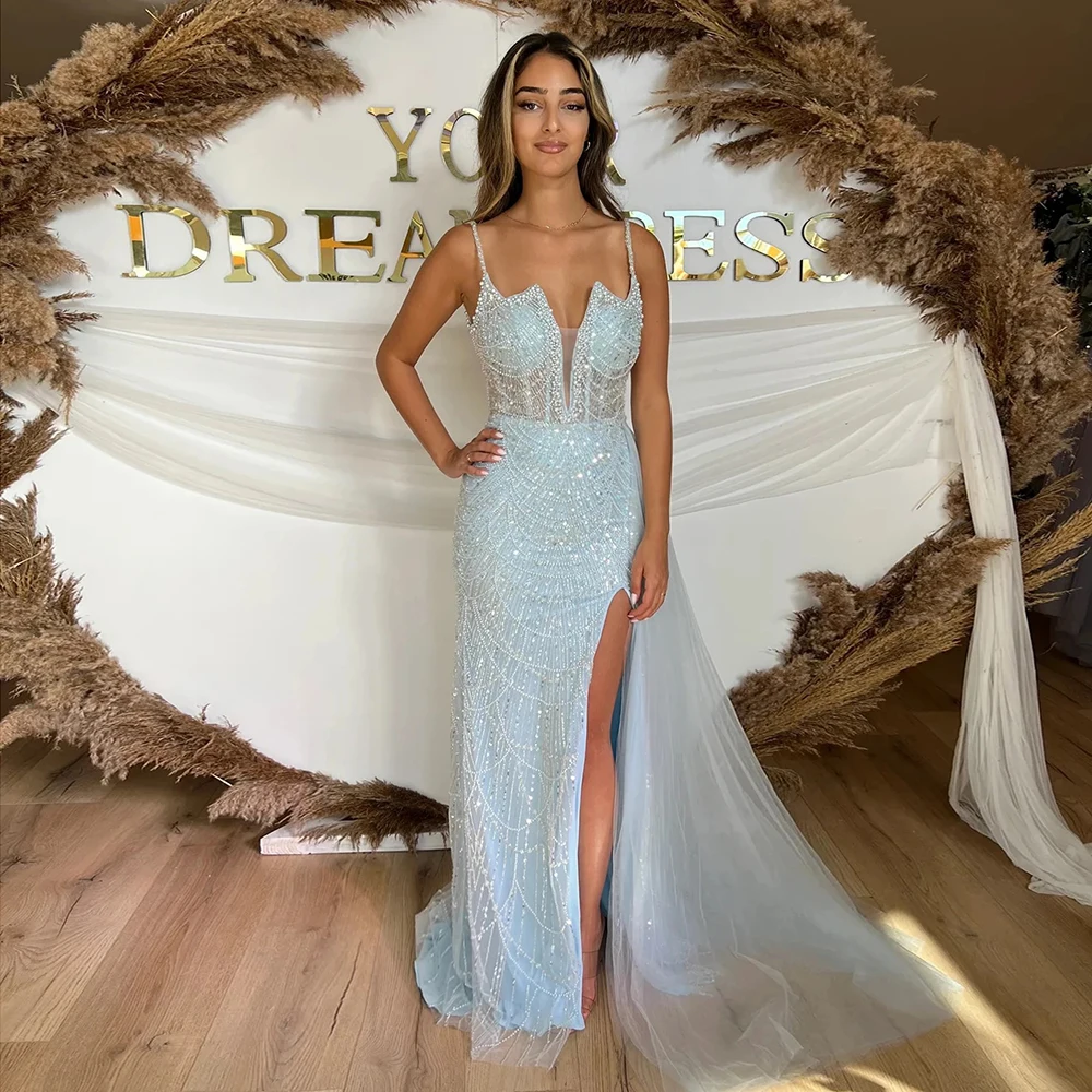 Elegant Mermid Pearls Evening Dress for Women 2024 Luxury Pearls Spaghetti Straps Slit Formal Prom Wedding Party Gown Customizd