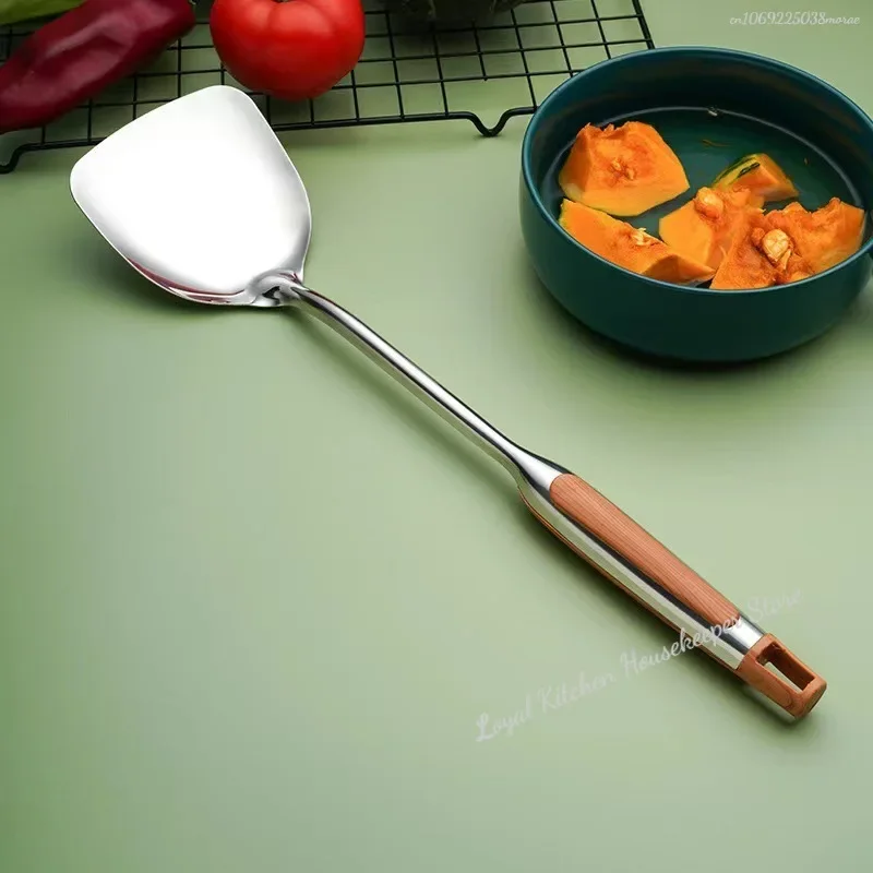 Espátula de Wok de acero inoxidable con mango largo, cuchara de arroz ranurada, cucharón, juego de utensilios de cocina, envío directo
