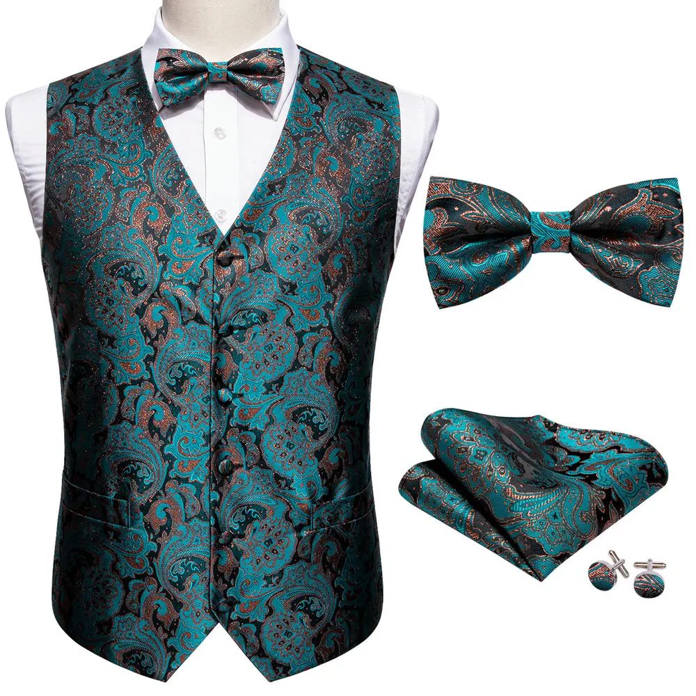 

Fashion Teal Floral Silk Vest Waistcoat Men Suit Vest Butterfly Handkerchief Cufflinks BowTie Vest Barry.Wang Business Design