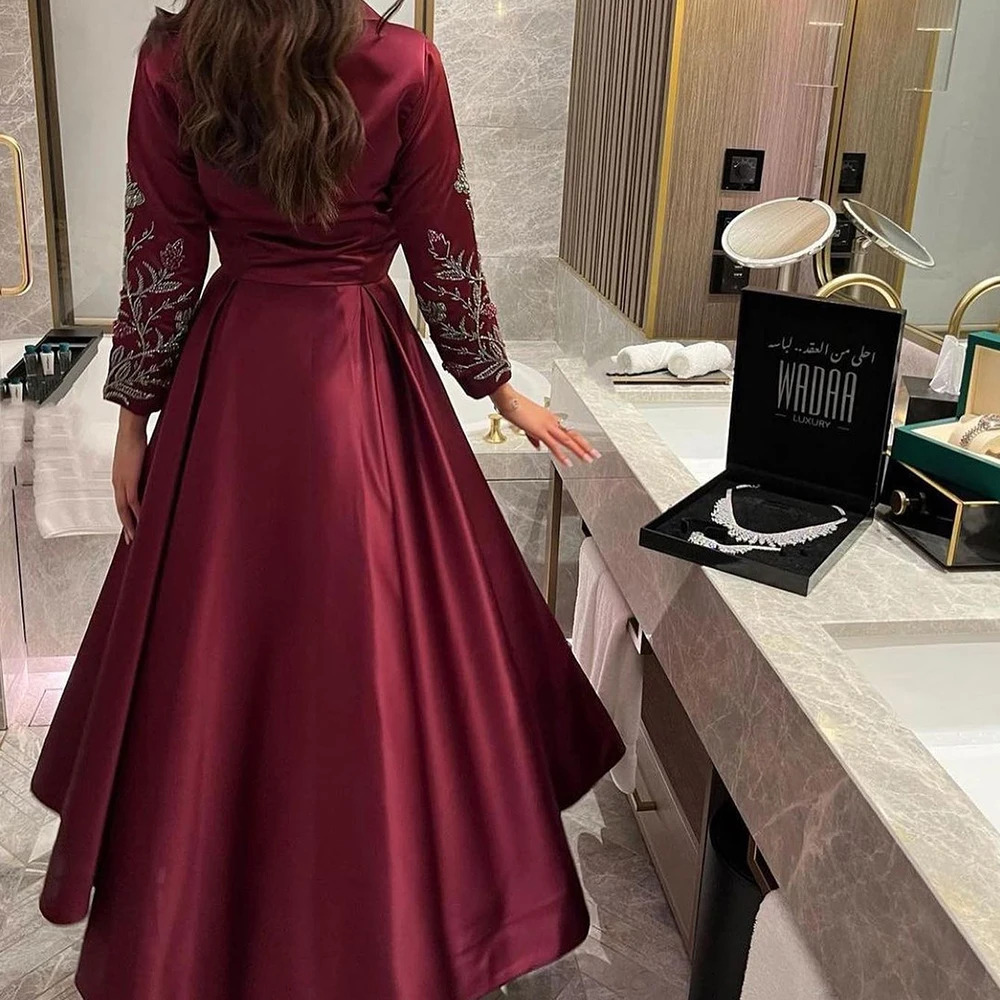 Customized Fashion Satin A-Line Crystal and Buttons Evening Dress V-Neck Long Sleeves Burgundy Sparkly Bespoke Occasion Gowns