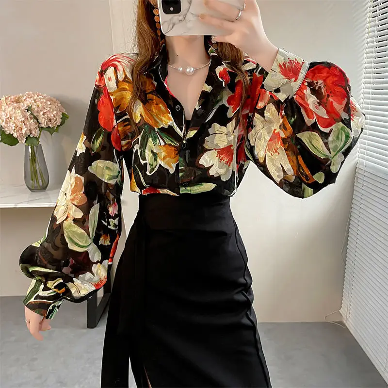 Printing Blouse Female Loose Lantern Sleeve Spring Autumn Women Clothing New Chiffon Top Tee Turn-down Collar Temperament Shirts