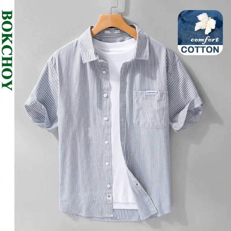 

2024 Summer New Casual Striped Short Sleeve Shirts Men Clothing Thin Soft Cotton Streetwear FY211