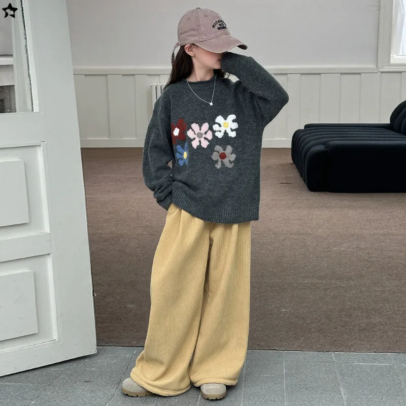 

Children Girls 2pcs Suits Autumn School Girls Flower Printed Round Neck Sweater Kids Girls Wide Leg Pant Junior Girls Sets