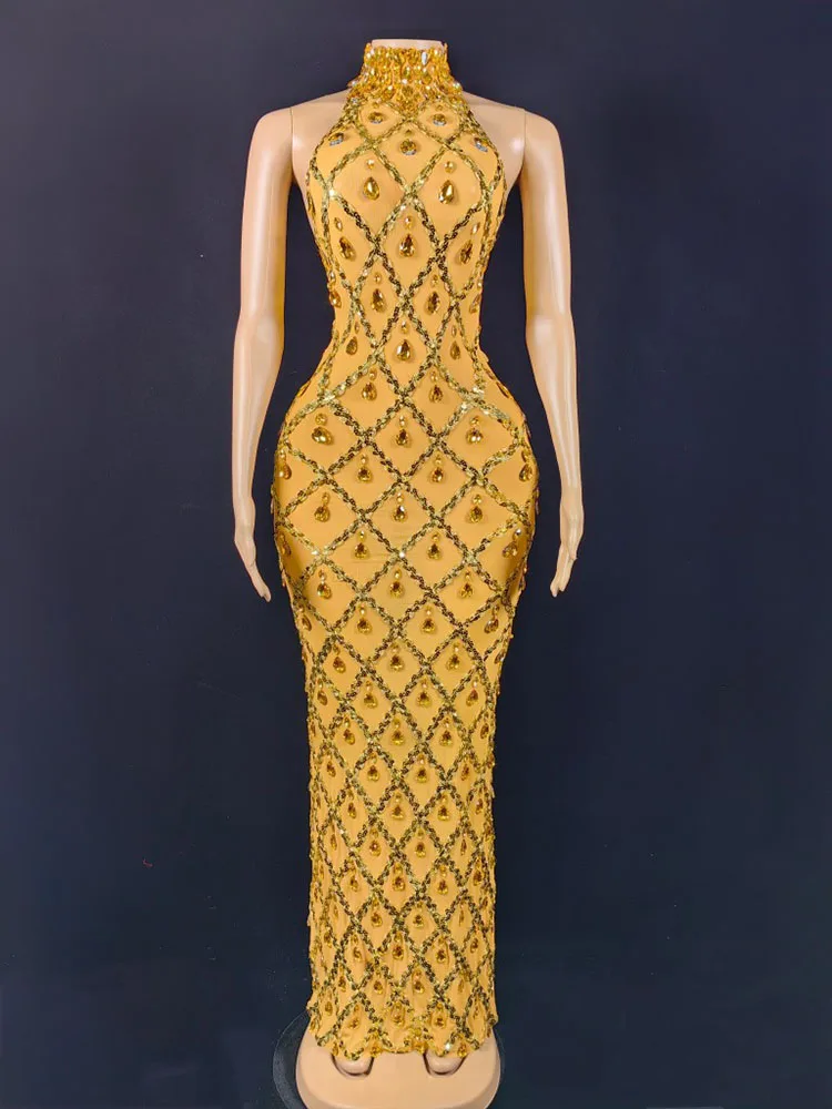 

High Quality Hot Diamond Sexy Backless Elastic Gold Dress 2024 New Fashion Custom Women'S Clothing
