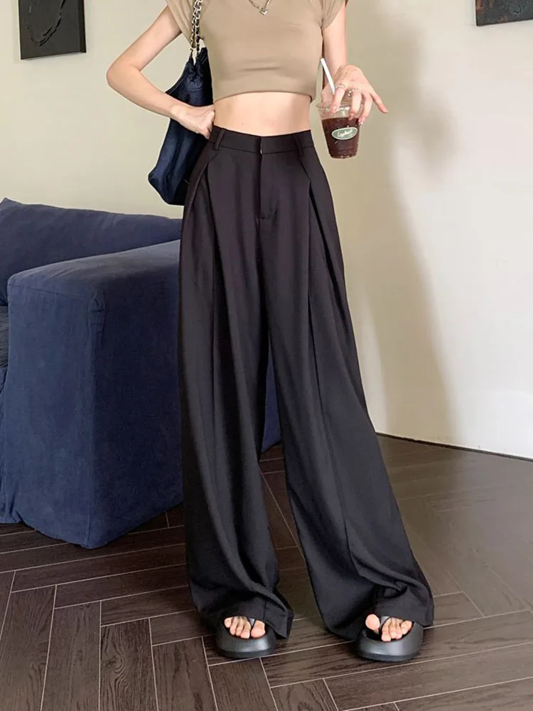 Zoki Casual Women Suit Wide Leg Pants Korean Oversize Loose Office Lady Black Suit Trousers Fashion Design High Waist Pants New