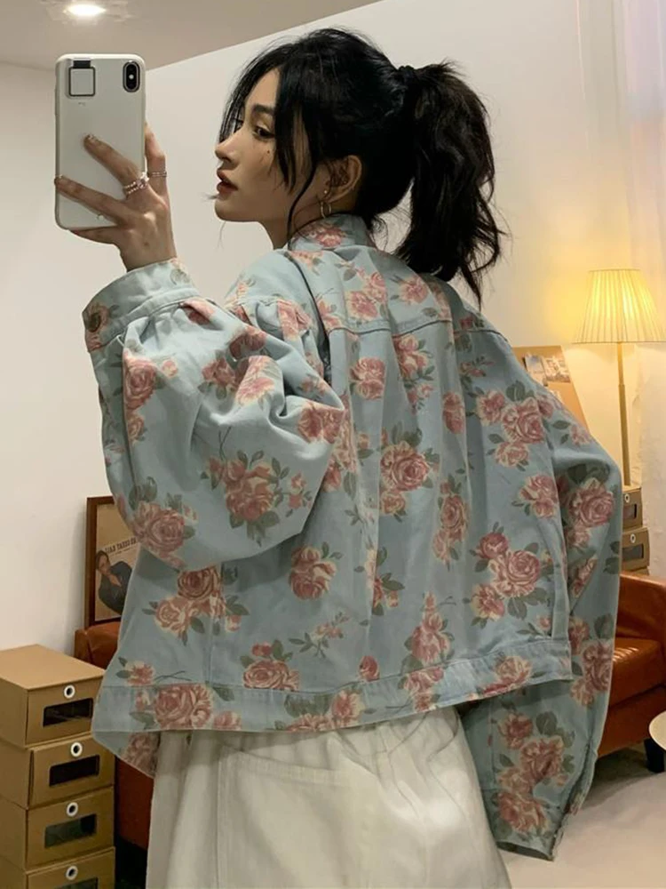 Jmprs Vintage Rose Floral Denim Jackets Women Korean Loose Elegant Short Coat Sweet Long Sleeve Casual Lady Retro Harajuku Tops