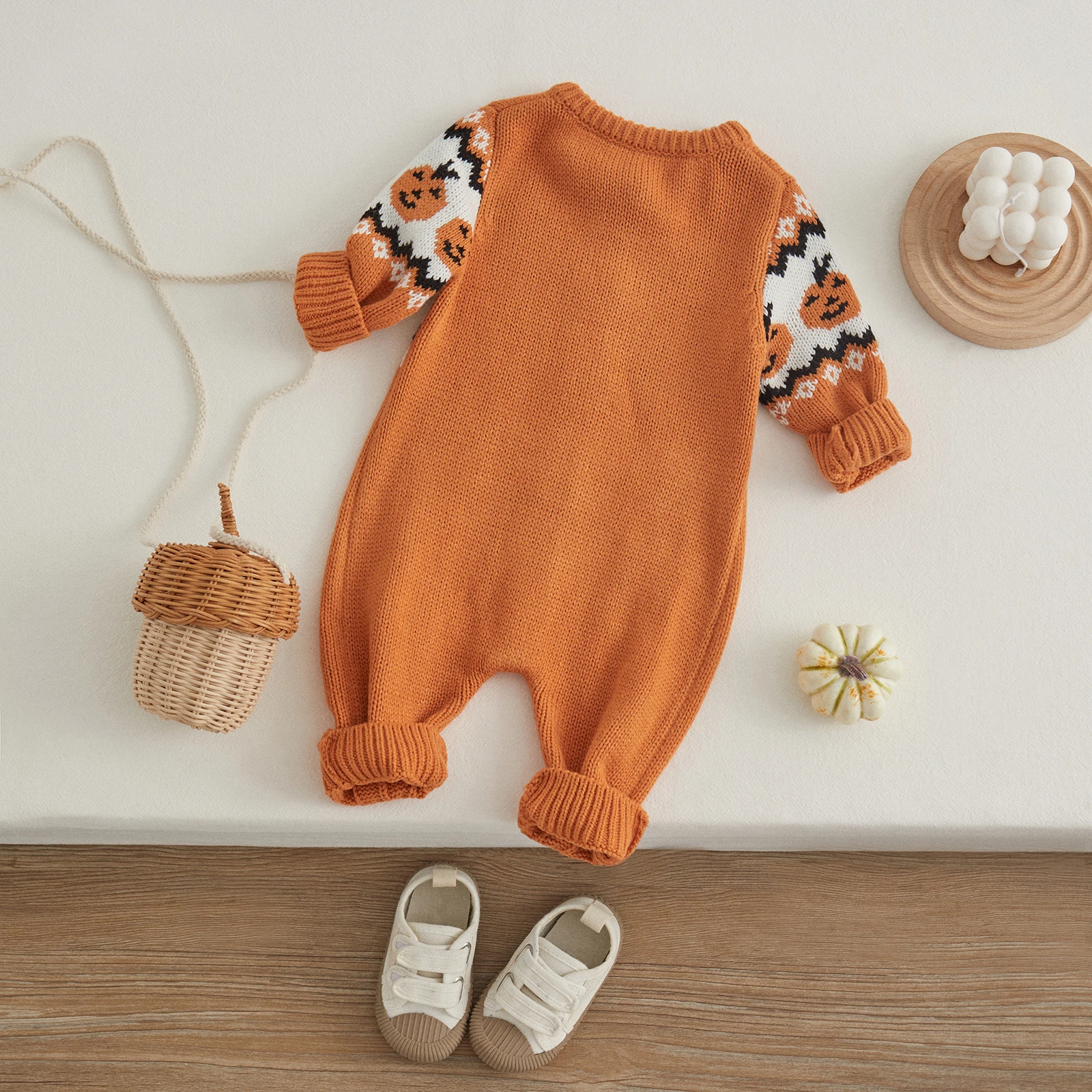 VISgogo Baby Knit Sweater Rompers Halloween Pumpkin Print Button Long Sleeve Jumpsuit for Newborn Boys Girls Cute Fall Clothes