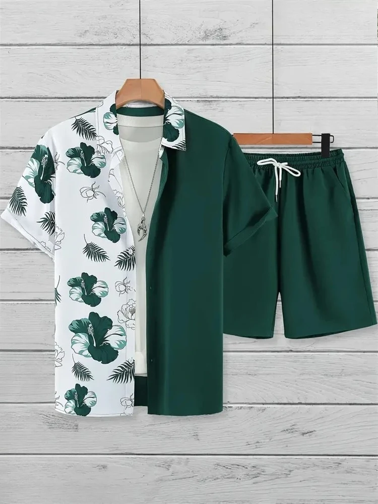 Men's Fashion Suit Collar 3D Floral Print Shirt Short Sleeve Casual Beach Shorts Loose Two-Piece Set
