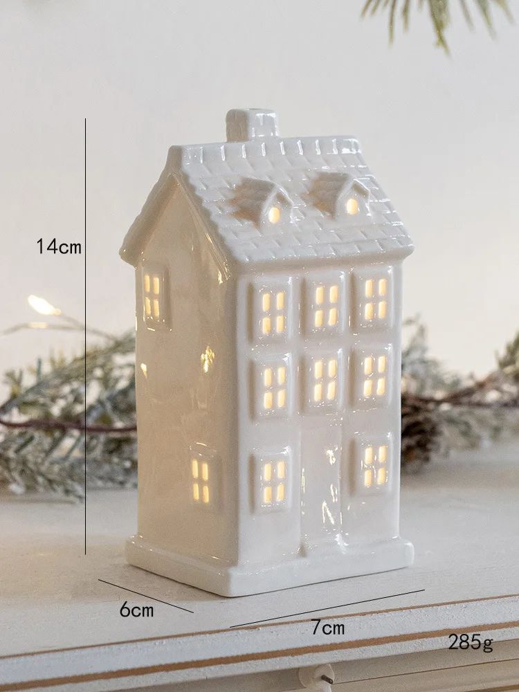 White Porcelain Christmas LED Lighted White Houses Decor Miniature Christmas Village Houses Snowflake White Glowing Castle