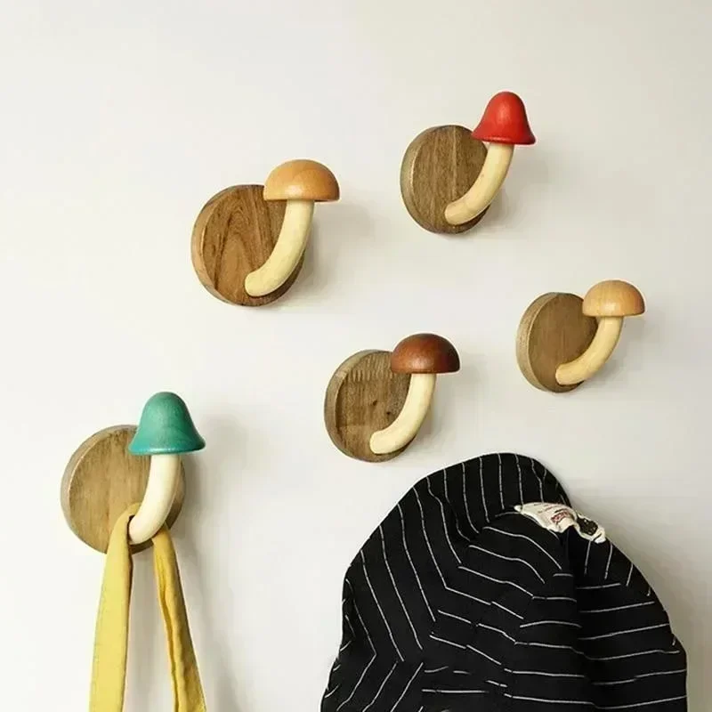 New Hanging Shelves Wooden Mushroom Clothes Hat Hook Bathroom Hanger Self-adhesive Wall Decoration Finishing Home Storage Hook