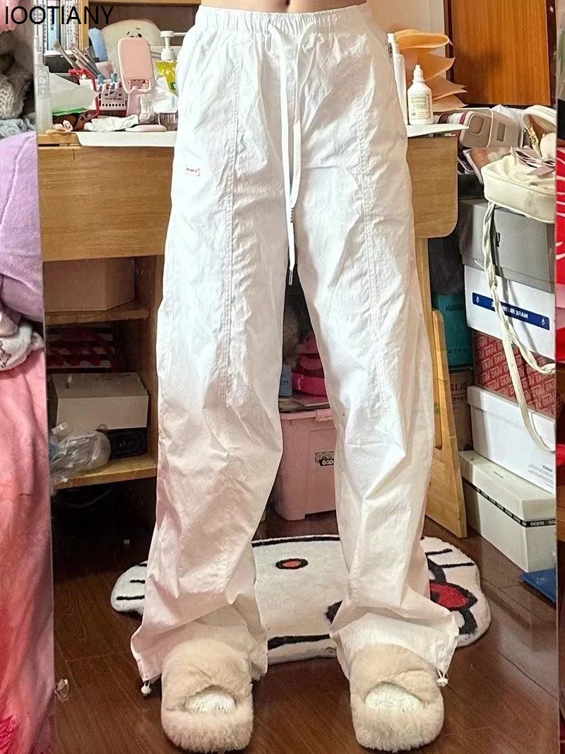 Streetwear Cargo Pants Women Parachute Pants Oversized Pure Color Wide Leg Trousers Y2k Casual Joggers With Drawstring Waist