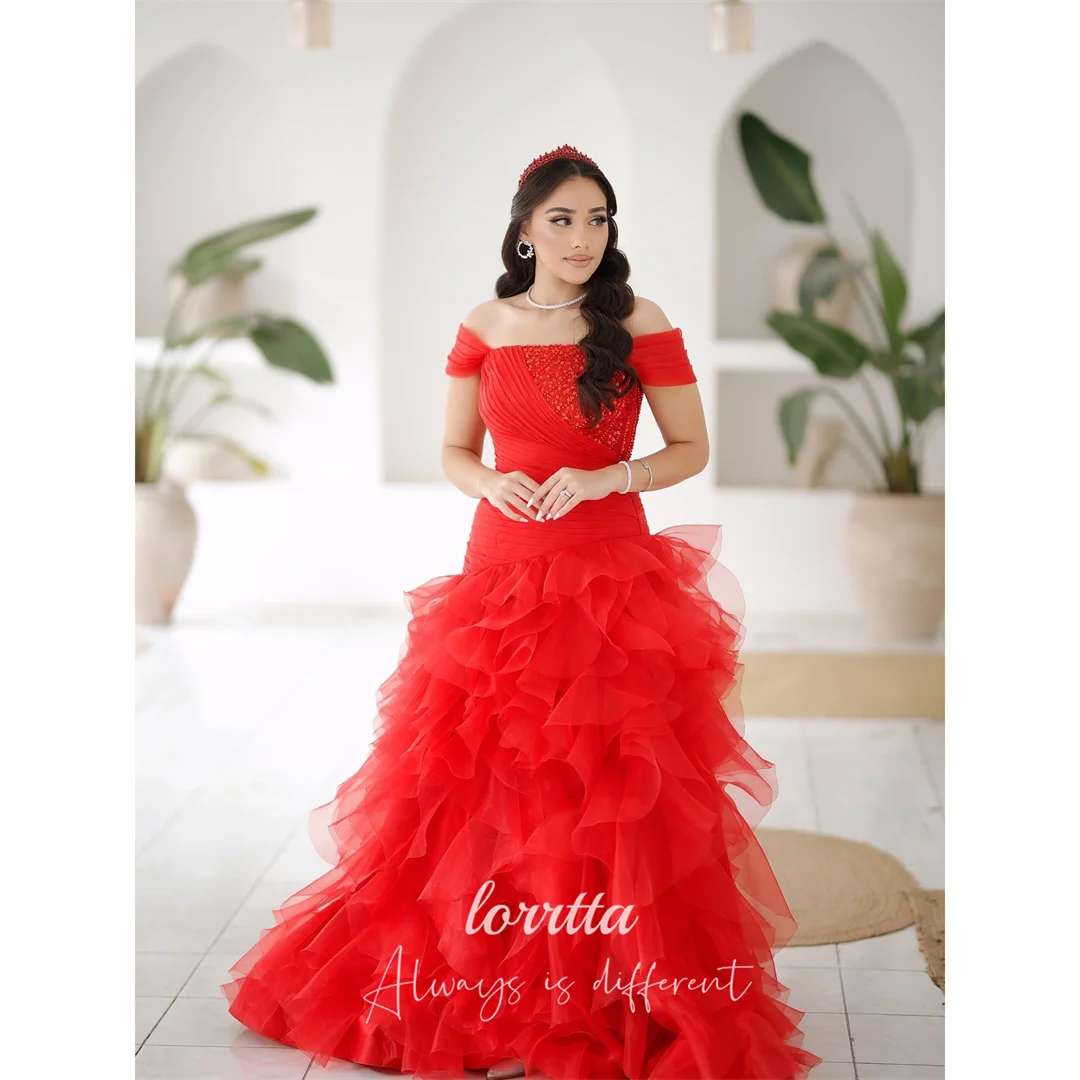

Lorrtta Tulle Off The Shoulder Red A-Line Evening Dress 2026 Prom Dress Elegant Party Ruffles Customized Formal Women's High